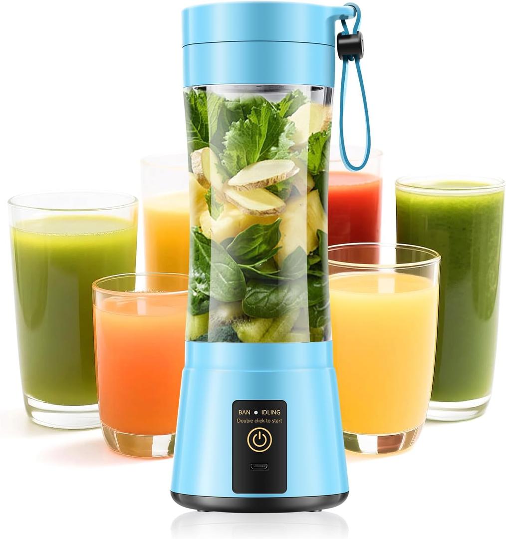 Portable Blender for Smoothies & Shakes - Cordless Personal Size Blender with 6 Blades, 380Ml Juice Cup, Lightweight & Rechargeable, Freshly Squeezed for Picnic/Sports/Office (Blue)