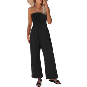 Womens Tube Top Jumpsuits Strapless Belted Wide Leg Bustier Jumpsuit Backless Baggy Long Pants Rompers with Pockets (Large, Y158 Black)