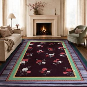 GarveeHome Brown 8x10 Area Rug, Vintage Floral Design, Machine Washable Rug Low Pile, Lightweight Non Slip, Soft Carpet for Living Room Bedroom Dining Room Nursery