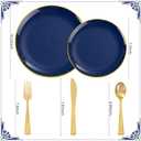 YOUBET 125PCS Blue Plastic Plates - Navy Blue Disposable Plates With Gold Rim Include 25 Dinner Plate, 25 Dessert Plate, 75 Gold Silverware Cutlery for Party & Wedding Graduation