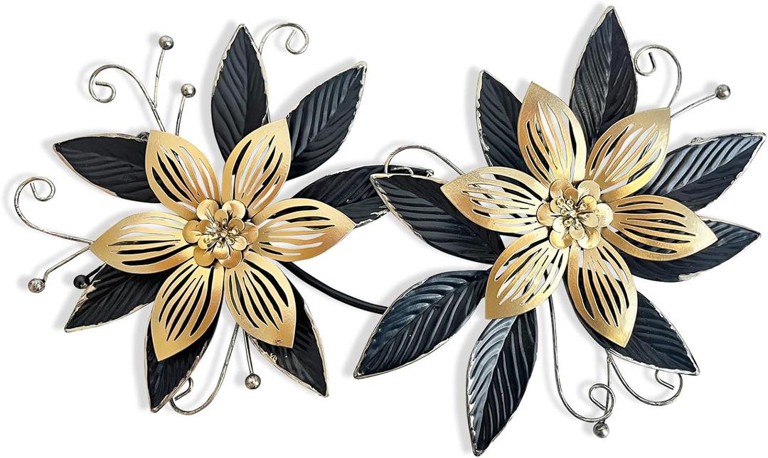 LIFFY Black Gold Metal Flowers Wall Decor, 15" 3D Multi-layer Modern Floral Art, Rustic Distressed Hanging Decor for Indoor, Bedroom Living Room Garden Patio, Home Decoration Accent