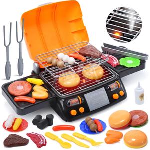 CUTE STONE Cooking Toy BBQ Set, 2 Layers Kids Grill Playset with Play Food, Pretend Smoke Sound and Light, Kitchen Accessories Utensils Toy, Outdoor Camping Barbecue Toys Gift for Toddlers Girls Boys