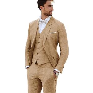 Linen Suit 3 Pieces Vintage Retro Wedding Prom Suits Slim Fit Jacket Blazer Groom Tuxedos (Medium, Khaki)