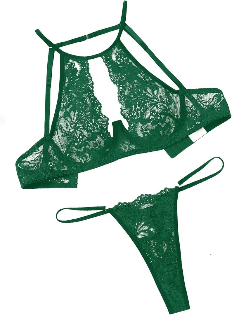 Avidlove Sexy Lingerie Set for Women Halter Lace Underwire Bra and Panty Sets 2 Piece Deep V Underwear Outfit, Green, Small