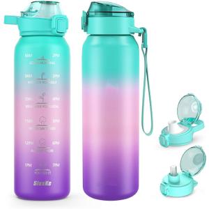 32oz Insulated Water Bottle with handle BPA Free, 316 Stainless Steel Water Bottles 1000ml with Time Marker Double Walled, 1000ml Metal Water Flask Jug for Hiking, Biking, Running (GREEN PINK PURPLE)