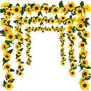 Uieke 3 Pack Artificial Sunflower Garland, 7.5ft/Strand Silk Sunflowers Hanging Vines Flowers with Green Leaves for Room Kitchen Garden Birthday Wedding Baby Shower Party Table Decor Large