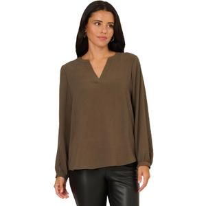 Adrianna Papell Women's V-Placket Airflow Woven Blouse with Long Sleeves (X-Large, Fatigue)