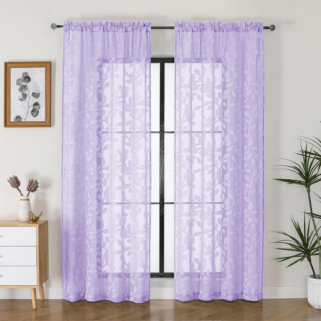 OVZME Lavender Sheer Curtains 84 inches Long 2 Panels for Living Room, Jacquard Clip Leaf Pattern Textured Light Filtering Window Semi Sheer Voile Drapes for Bedroom, Each Panel 42 x 84 Inch