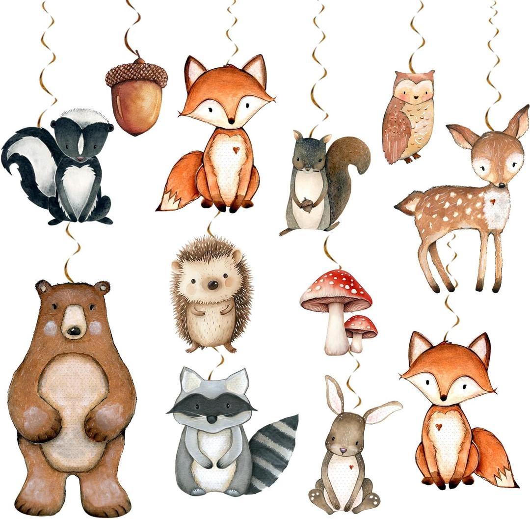 Woodland Baby Shower Decorations Pre-Strung 12Pcs Swirl Hanging for Forest Animal Baby Shower Decorations