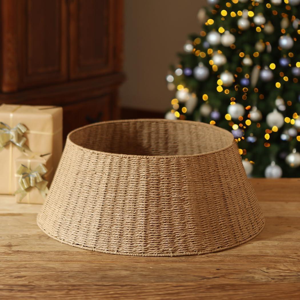 Rustic Farmhouse Christmas Tree Collar - Holiday Decorations - Natural Woven Wicker Tree Base Cover, Basket Ring for Artificial Trees, Stable & Odorless, L