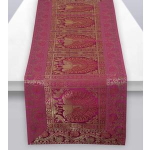 Pink & Golden Peacock Silk Table Runner Decorative Vintage Design Indian Boho Coffee Brocade Embroidered Rectangle Tablecloth for Bohemian Hippie Party Banquet Ethic Floral Design 60 X 18 Inch