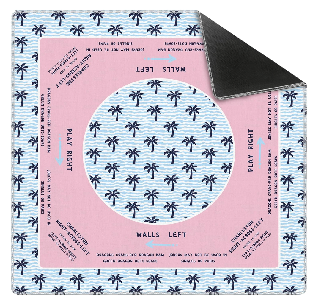 KRHFG Tropical Palm Tree Mahjong Mat 31.5" x 31.5", Pink and Blue Coastal Beach Non-Slip Noise Reduction Mahjong Table Cover Accessories Supplies for Dominoes Poker Card Board and Tile Games Gifts