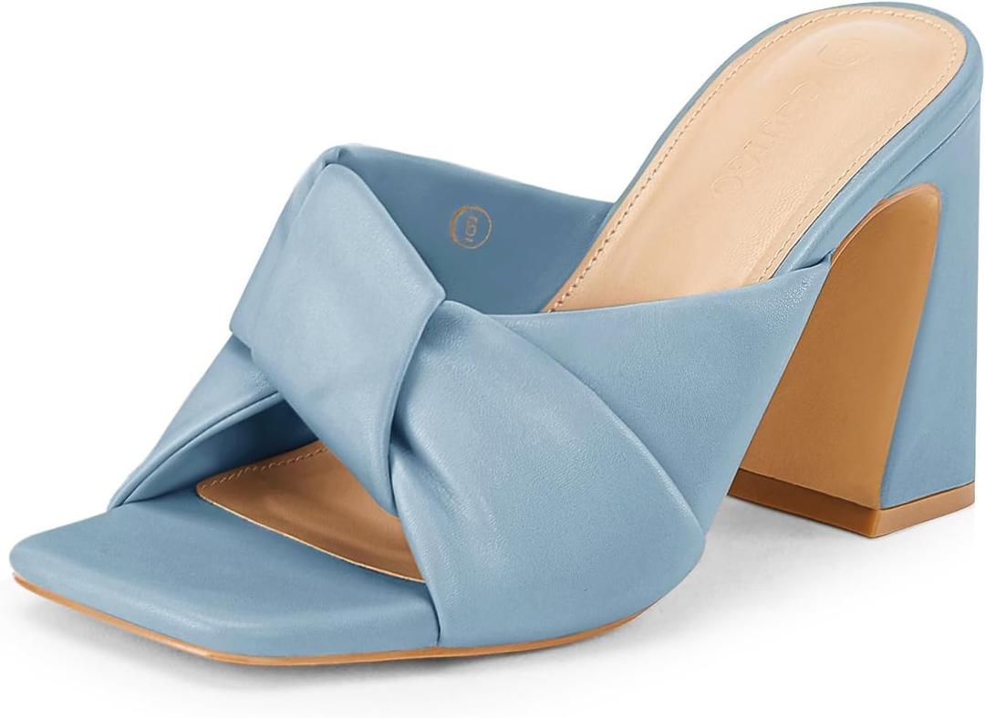 Coutgo Womens Chunky Heeled Mules Puffy Knot Square Open Toe Slip On Sandals Summer Evening Party Prom Shoes (Blue), Size 11