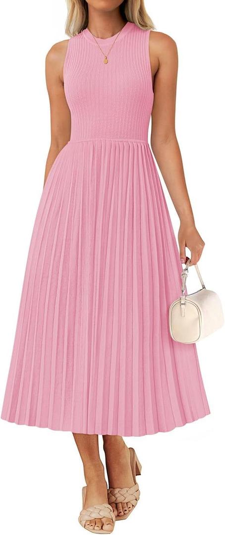ZESICA Women's Summer Sleeveless Sweater Dresses 2026 Crewneck Knit Pleated A Line Flowy Business Formal Party Midi Dress (Pink, Small)
