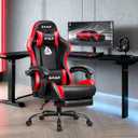 N-GEN GAMING Video Gaming Chair with Footrest Lumbar Support for Home Office High Back Recliner Height Adjustable Ergonomic Comfy Leather Computer Desk Chair (Red), 27.5 inches x 24.5 inches x 50 inches