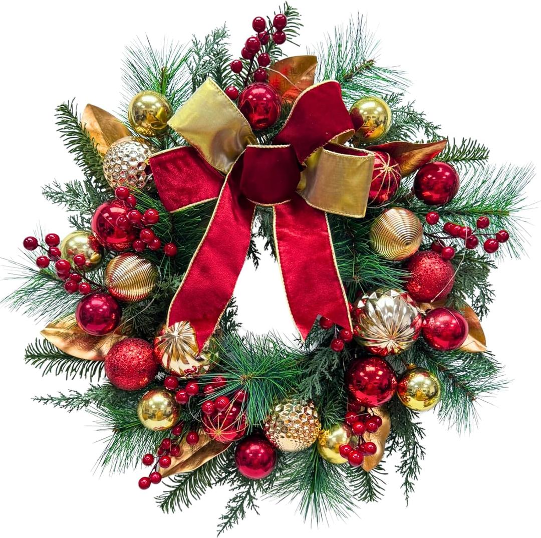 24 Inch Lighted Christmas Wreath Xmas Ball Wreath with Timer Glitter Christmas Ball Ornaments Red Berries Pine Needles and Red Bow for Outdoor Home Wall Window Holiday Decor