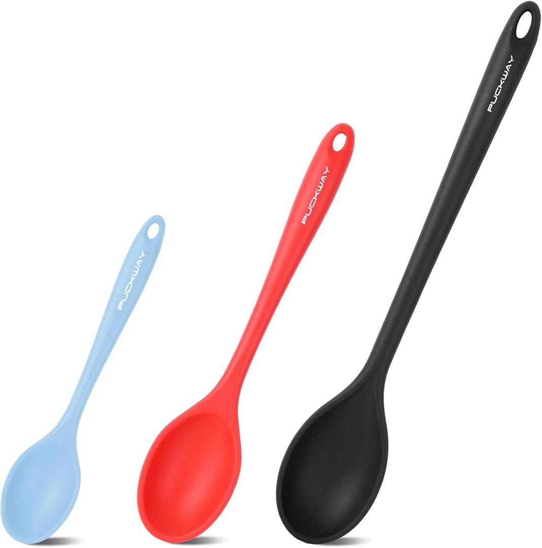 PUCKWAY 3 Pcs Silicone Spoons Set of 7.9 10.6 14.2 inch for Cooking, Heat Resistant Kitchen Spoons for Mixing, Stirring, and Serving, Small to Large Non Stick (Black & Red & Blue)