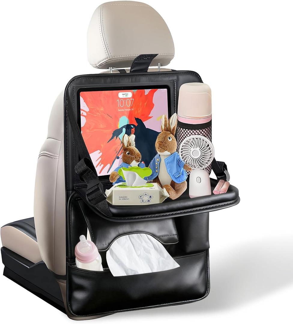 1-Pack Leather Car Backseat Organizer with Tablet HolderFoldable Food Tray,Storage Pockets,Trash Can,Tissue Holder & Insulated BagKick Mats Protector for Kids,Travel Accessories Organizer
