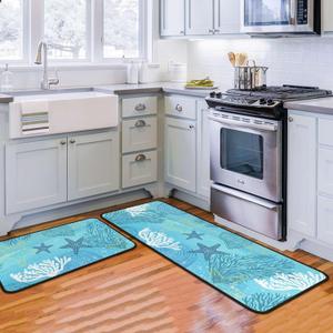 Coastal Beach Kitchen Rugs and Mats for Floor, Summer Decorations for Home, 2 Pcs Non-Slip Backing Nautical Kitchen Mat, Summer Decor Starfish Ocean Kitchen Rug Sets with Runner 17"x47.2"+17"x30"