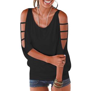 Womens Summer Cold Shoulder Tops 3/4 Sleeve T Shirts Pullover Casual Dolman Blouses (Small, Black)