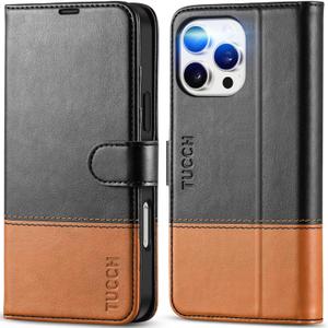 TUCCH Wallet Case for iPhone 16 Pro Max, [RFID Blocking] 4 Card Slots Kickstand [Shockproof TPU Interior Case] PU Leather Magnetic Flip Phone Cover Compatible with iPhone 16 Pro Max, Black&Brown
