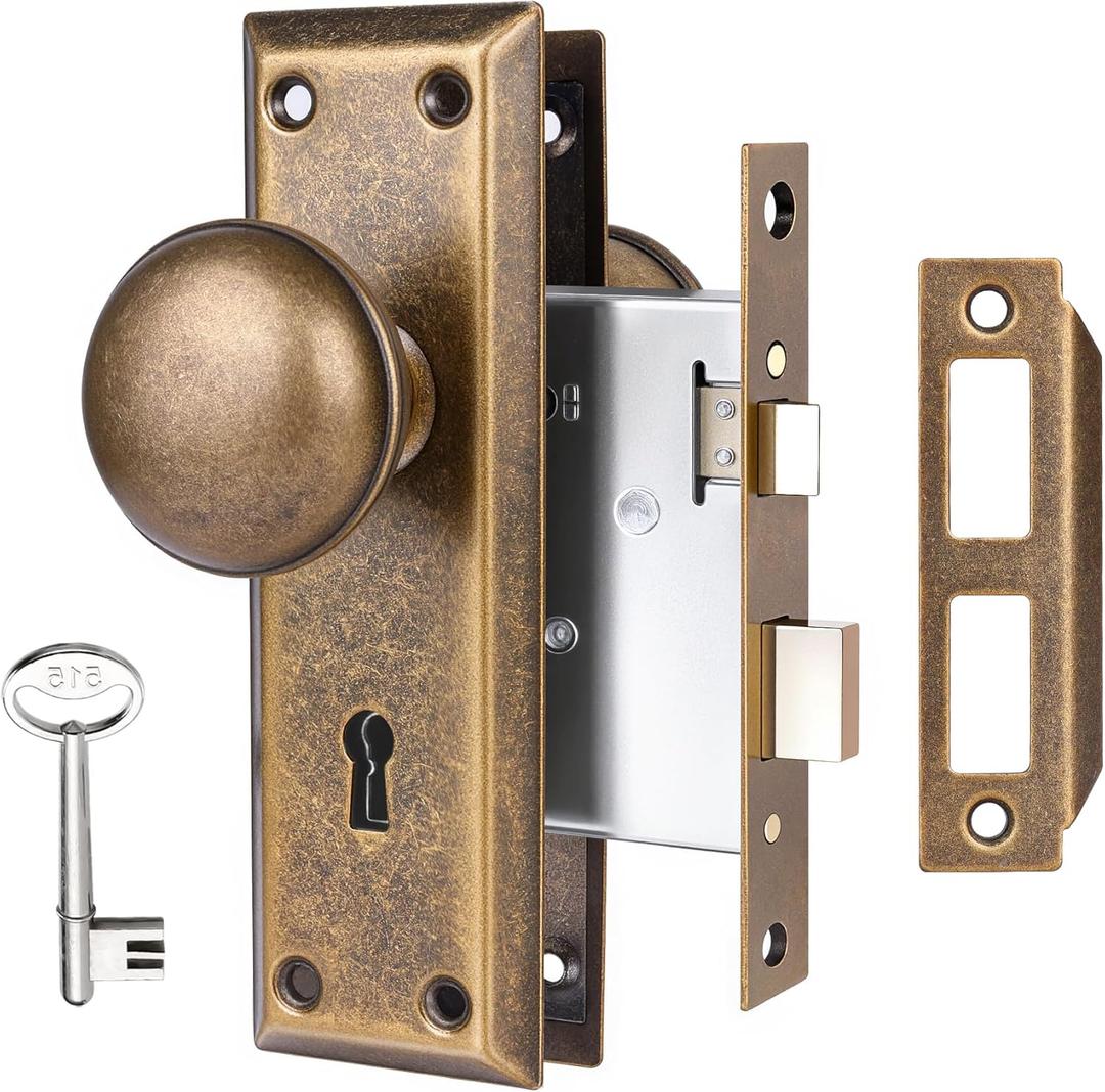 Mortise Lock Set for Interior Door, Vintage Antique Door Knobs with Lock and Skeleton Key, Old Door Knob Replacement Fits 1-3/8 in 1-3/4 in, Vintage Brass Finish