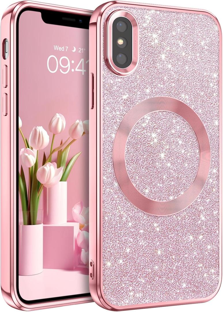 DOMAVER Case for iPhone X and iPhone Xs Case with Magnetic [Compatible with MagSafe] Luxury Clear Glitter Shockproof Protective Cover Full Camera Lens Protector Women Girls Phone Case - Pink