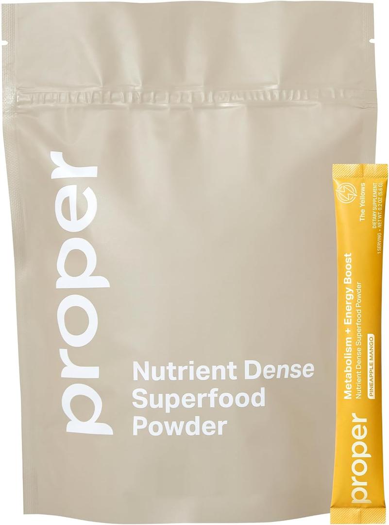 Proper, The Yellows Metabolism and Energy Boost, Sugar Free Energy Drink Powder with 100mg Caffeine. No Creatine or Beta-Alanine. 15 Servings, Pineapple Mango Drink Mix for Men and Women