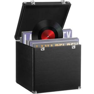 CroBlissful Large Vinyl Record Storage Case, 13 x 13 x 13 Inch for 100+ Single Records, Retro Lp Album Collection Display Box, PU Leather Water Resistant for 7/10/12 Inch Album Collection(Black)