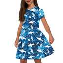 GWDDCMGYH Girls Short Sleeve Dresses High Waist A-Line Swing Skater Dress Casual Shark Print Crew Neck Shirt Dress with Pockets Summer Sundress for Kids, 9-10Y