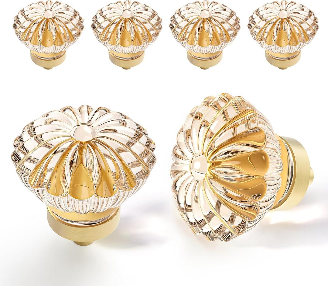 4 Pack Modern Decorative Cabinet Knobs - Champagne Gold & Clear Crystal Drawer Pulls for Dresser, Closet, Cupboard, Bathroom, Kitchen Furniture - Acrylic, Glass, Copper & Gold Accents