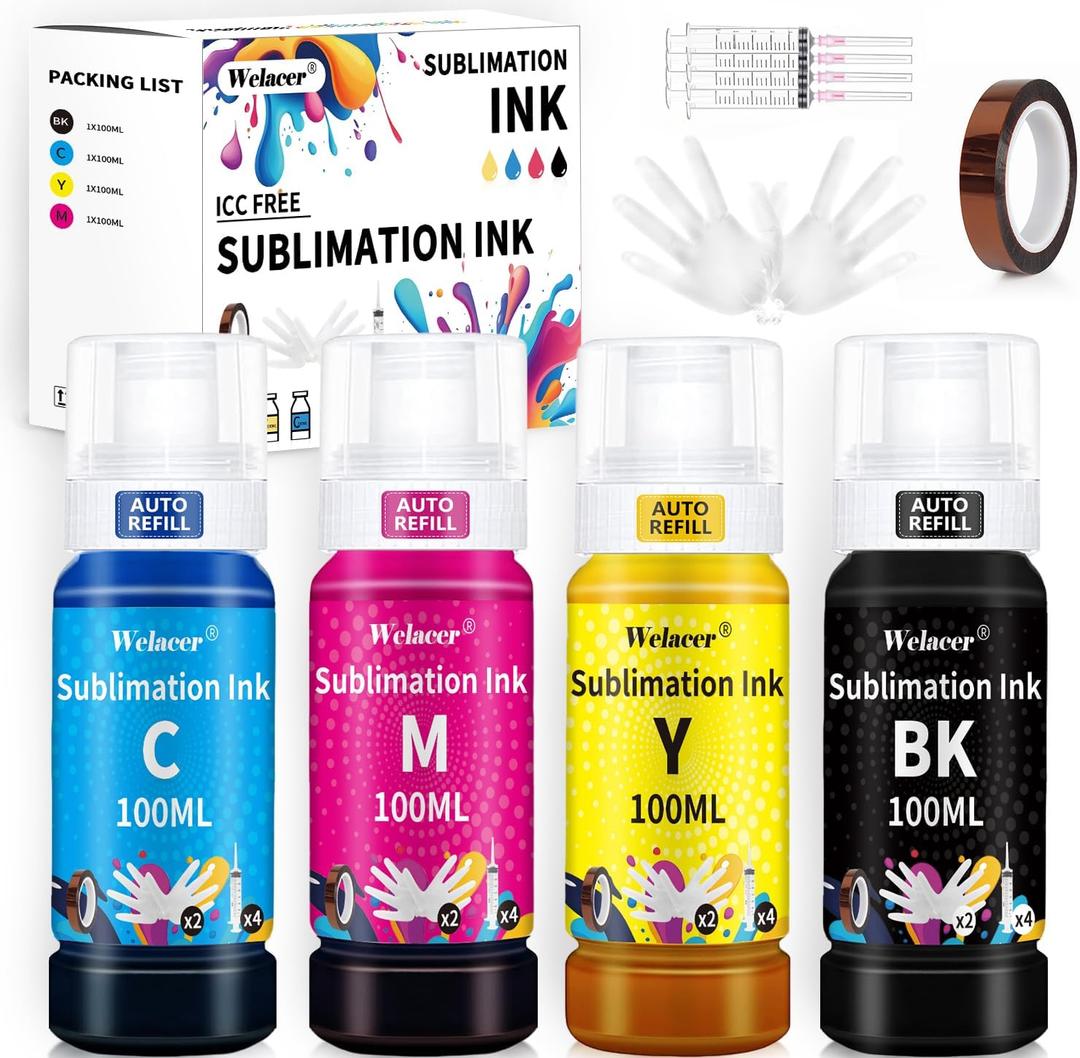 Sublimation Ink 400ML Refilled Bottles Compatible for ET-2400, ET-2800, WF-7820, ET-4800, ET-2803, ET-2850, ET-2720, ET-2760, ET-2750, WF7710 etc.High-Yield Inkjet Printers Heat Press Transfer on Mugs