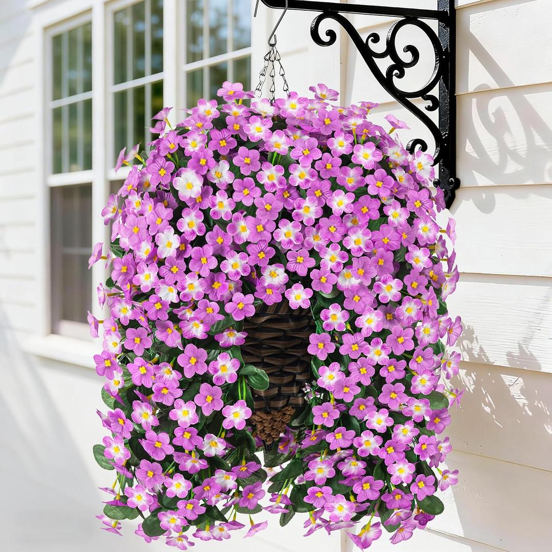 HyeFlora Artificial Fake Hanging Flowers with Basket for Outdoor Decoration,UV Resistant Faux Silk Daisy Flowers Light Fuchsia Orchid Vines in Planter Realistic Hanging Baskets for Home Porch Garden