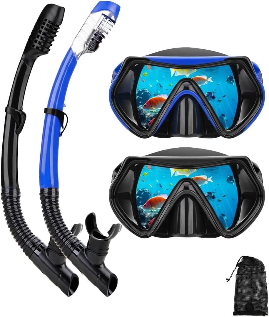 Snorkeling Gear for Adults, Dry Snorkel Mask Set, Scuba Diving Snorkle mask Set Adult, Panoramic Wide View Anti-Fog Dive mask, Swimming Diving Snorkeling Packages (Black+blue2 set)
