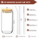 16 Oz Drinking Glasses - 6 Pcs Glass Cups with Bamboo Lids and Straws, 6 Count