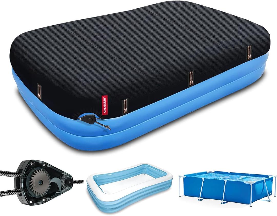 QH.HOME 7x10 Ft Inflatable Pool Cover Fits Pool Under 120" L x 84" W,Built-in Fast Tightening Patented Ratchet and Weight-Bearing Rings,Easy Set 1 Person,Rectangular Above Ground Swimming Pool Cover