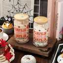 Whaline 2 Pack Halloween Drinking Glasses 16oz Scary Pumpkin Glass Cup Orange Pink Iced Coffee Cup with Lid Straw for Fall Halloween Cocktail Whiskey Beer Soda