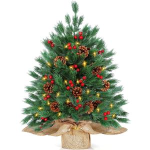24 Inch Tabletop Christmas Tree with 50 Warm Lights Timer, Tabletop Pre-lit Small Christmas Tree Battery Operated Warm Lights 30 Red Berries 10 Pine Cones Burlap Base Xmas Decor Indoor