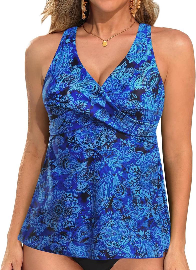 Tempt Me Women Tankini Top Only Flowy Swim Tops V Neck Bathing Suit Top (X-Large, Blue Paisley)