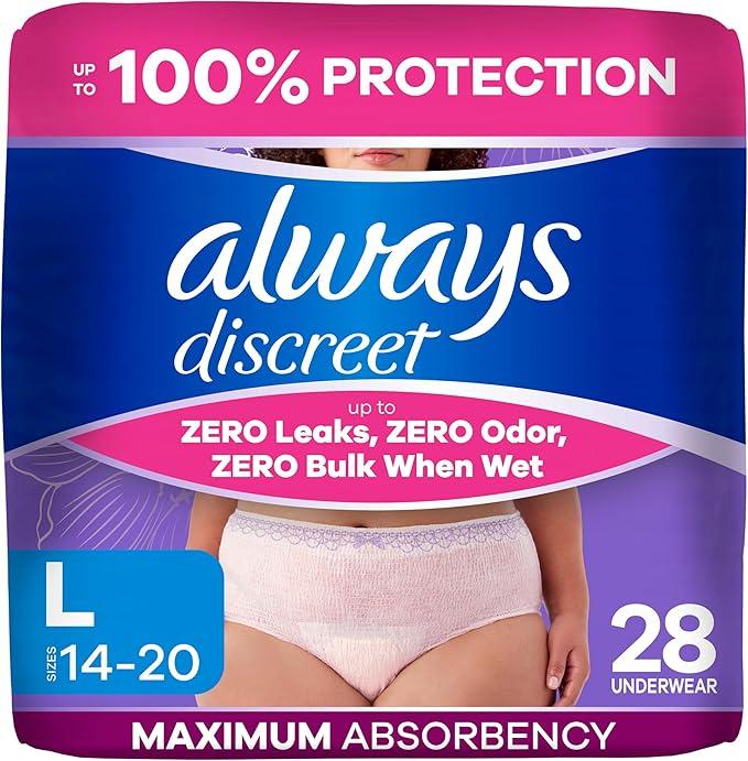 Always Discreet Adult Diapers for Women, Incontinence Underwear, Postpartum Essentials, Disposable Briefs, Max Absorbency, Bladder Leak Protection, Large, 28ct