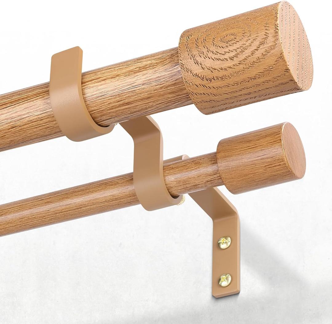Wood Double Curtain Rod for Windows 36 to 72 Inch (3 to 6 ft), Heavy Duty Adjustable Decorative Dual Drapery Rod with Boho Rustic Finials, 1'' Imitation Wood Grain Curtain Rods for Farmhouse Home