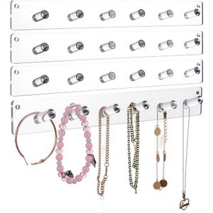 4 Pack Acrylic Necklace Holder  Wall Mounted Jewelry Organizer with 24 Hooks for Necklaces, Bracelets, Rings & Bangles, Clear Display Rack with Easy Installation (Screws & Tape Included)