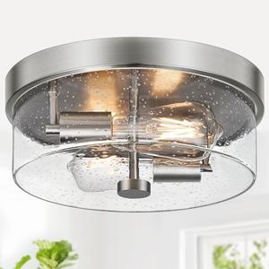 Flush Mount Ceiling Light Fixtures, 2-Light 12 Inch Brushed Nickel Close to Ceiling Light Fixtures with Seeded Glass Shade Ceiling Light Fixture for Porch, Hallway, Bathroom, Dining Room and Foyer