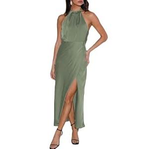 BEOVR 2025 Summer Satin Halter Neck Backless Slit Midi Dresses Elegant Cowl Back Ruched Wedding Guest Maxi Dress for Women Sage, S