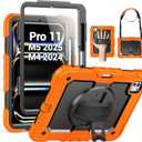 SEYMAC for iPad Pro 11 Inch Case M5 2025 / M4 2024, Heavy Duty Shockproof Protective Case with Screen Protector, 360 Rotating Stand, Hand/Shoulder Strap and Pen Holder, Orange