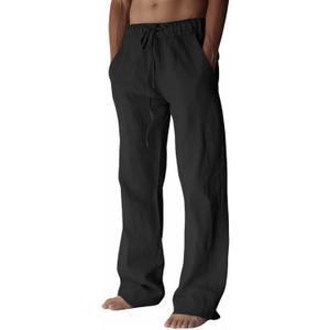 PIDOGYM Mens Cotton Linen Pants, Summer Beach Pants Casual Loose Fit with Elastic Waist Drawstring (Black, S)