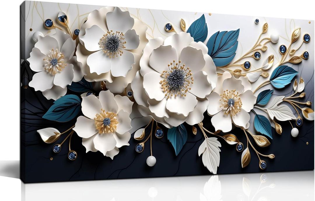 Large Canvas Wall Art for Living Room Bedroom Home Office White and Blue Floral Wall Art Botanical Picture Modern Framed Artwork Flower Canvas Prints 20x40 In