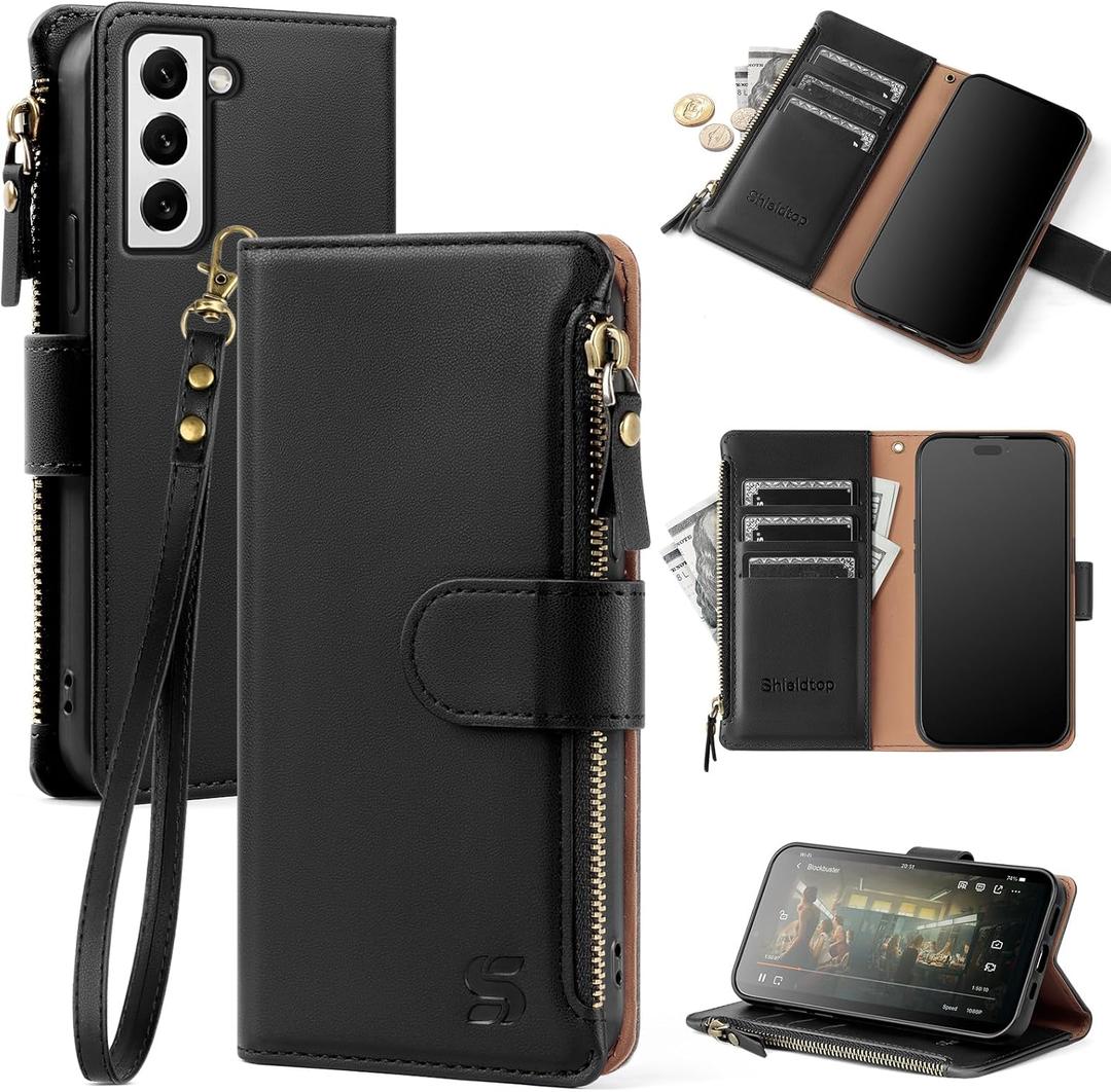 Compatible with Samsung Galaxy S22 Wallet Case with Card Holder,Women Men RFID Blocking PU Leather Flip Cover Wrist Strap Zipper Credit Card Slots,Phone Case for S22 6.1",Black