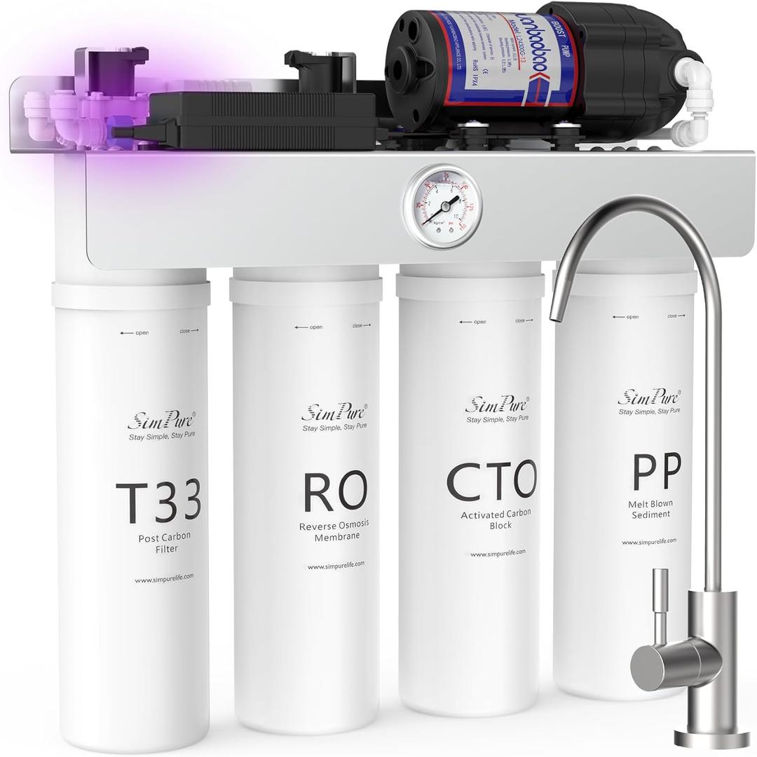 SimPure T1-400UV Tankless Reverse Osmosis System with UV, NSF/ANSI 58 Certified, Under Sink RO Water Filter System 400 GPD, 8 Stage Filtration Near 0 TDS, Built-in Pump, BPA Free, 1.5:1 Pure to Drain