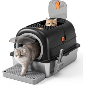 Enclosed Cat Litter Box, Stainless Steel Litter Box with Lid, Black